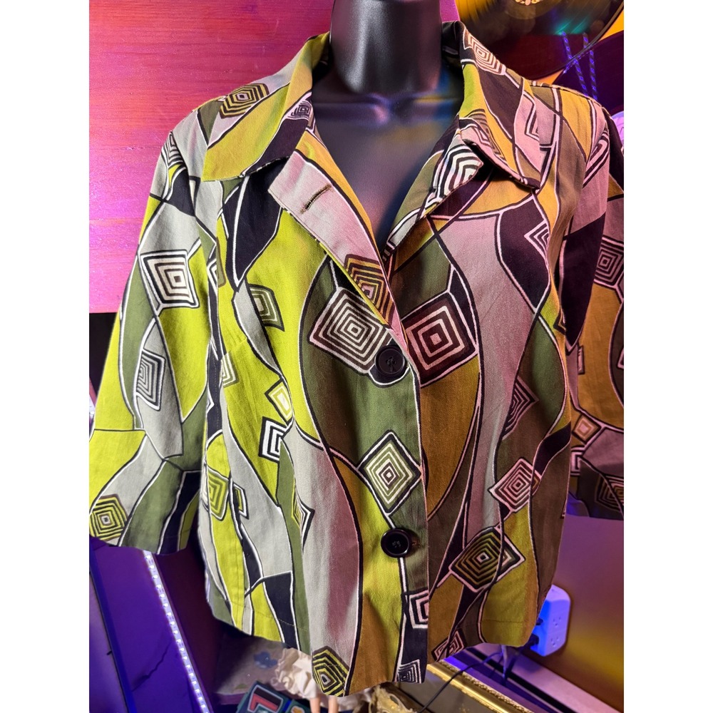 Life Style Petite Green Geometric Abstract Cotton Blazer Jacket Size PL